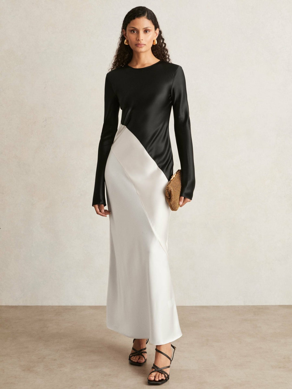 Reiss | Acler Satin Colour Block Midi Dress in Ivory/Black