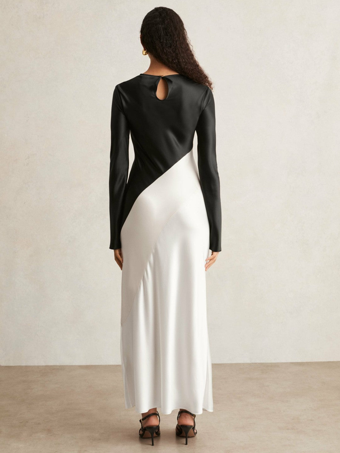 Reiss | Acler Satin Colour Block Midi Dress in Ivory/Black