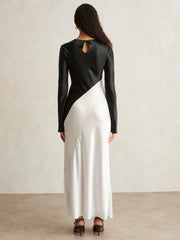 Reiss | Acler Satin Colour Block Midi Dress in Ivory/Black
