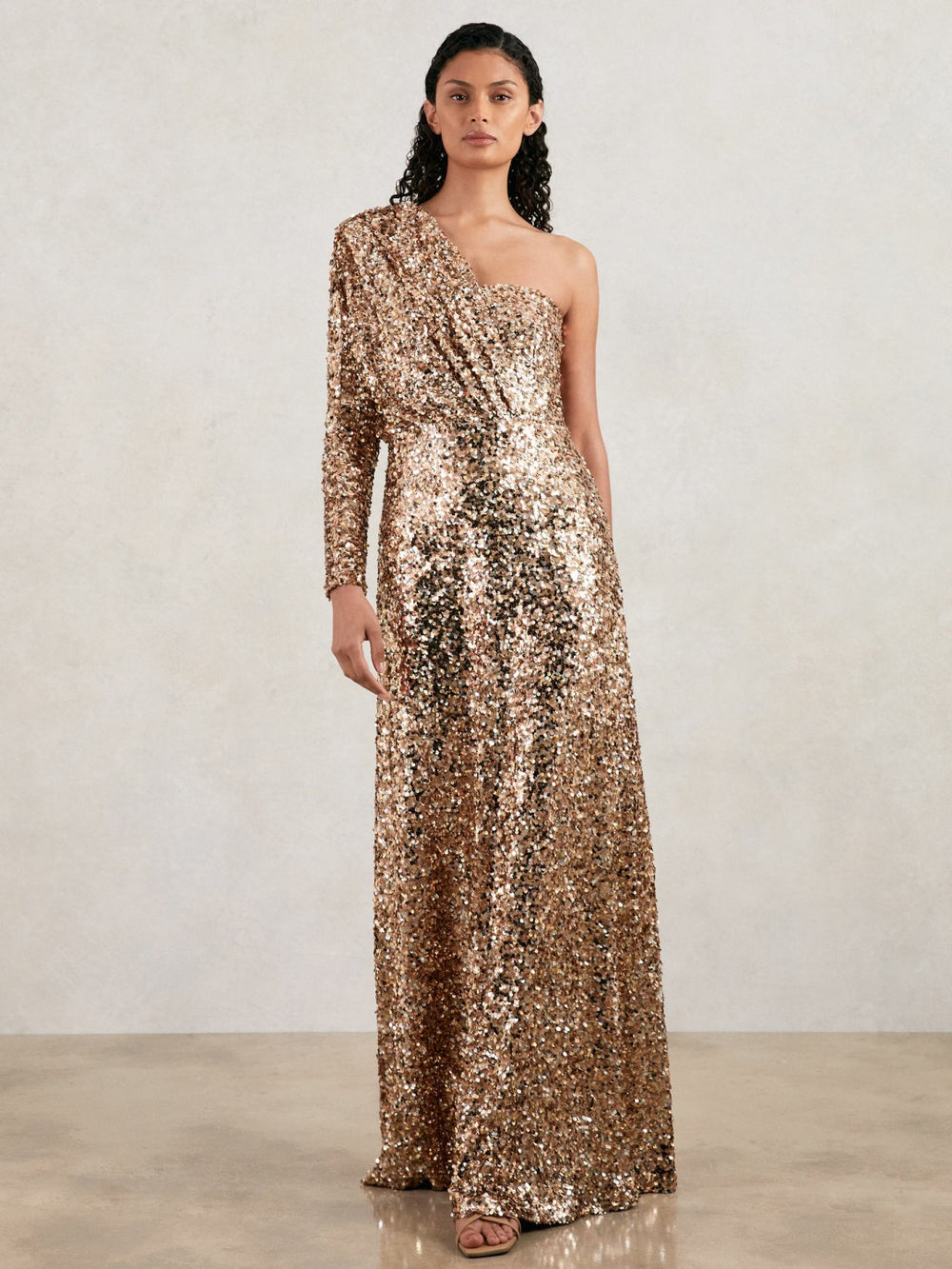 Reiss | Halston Sequin One Shoulder Maxi Dress in Gold