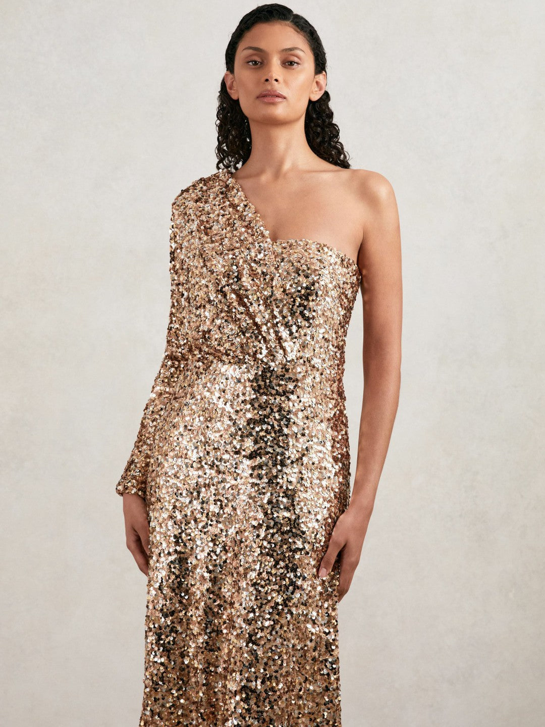 Reiss | Halston Sequin One Shoulder Maxi Dress in Gold