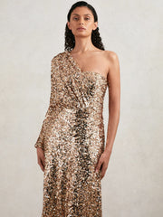 Reiss | Halston Sequin One Shoulder Maxi Dress in Gold