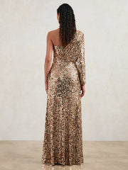 Reiss | Halston Sequin One Shoulder Maxi Dress in Gold
