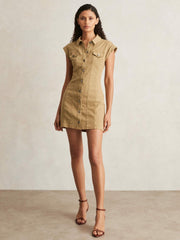 Reiss | Paige Fern Beige Denim Button Through Mini Dress in Fern Beige