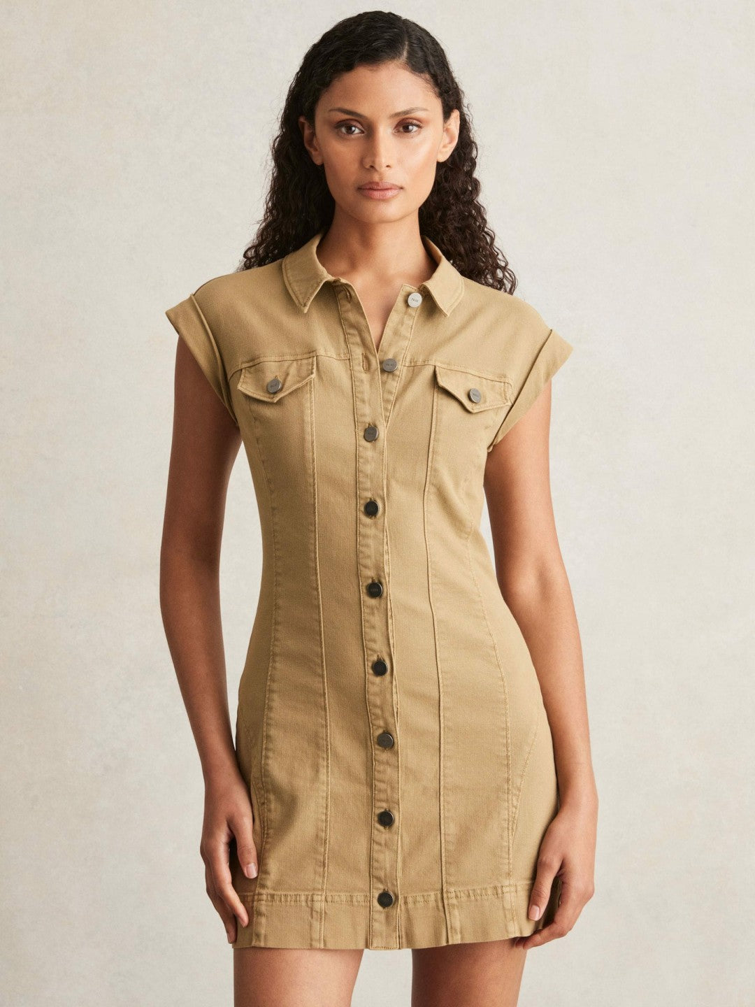 Reiss | Paige Fern Beige Denim Button Through Mini Dress in Fern Beige