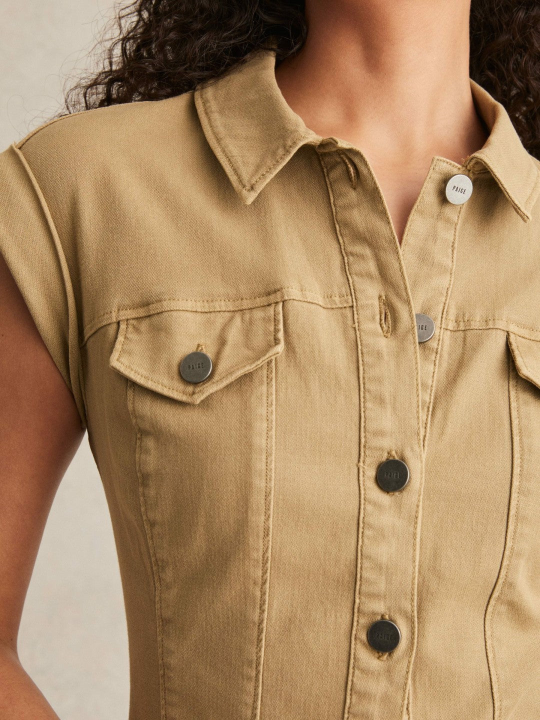 Reiss | Paige Fern Beige Denim Button Through Mini Dress in Fern Beige