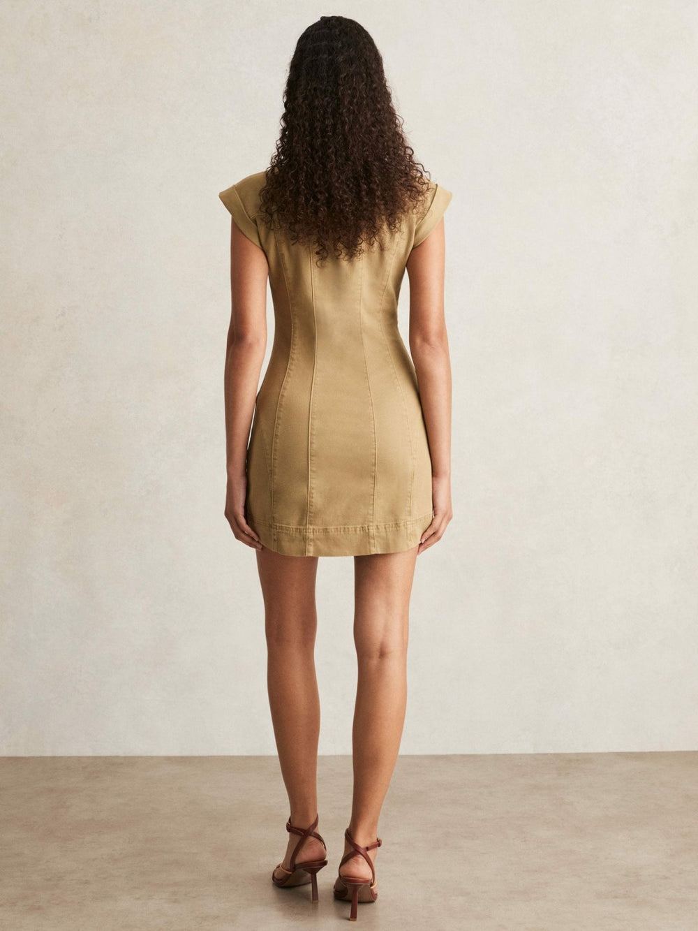 Reiss | Paige Fern Beige Denim Button Through Mini Dress in Fern Beige