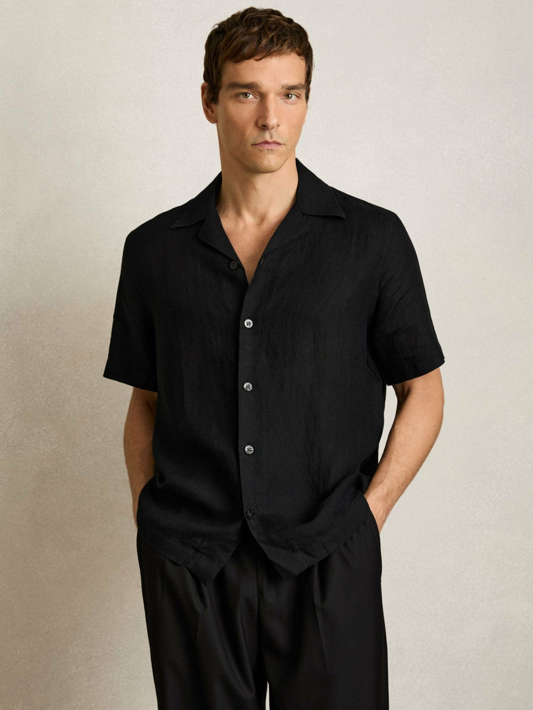 Reiss | Linen Cuban-Collar Shirt in Black