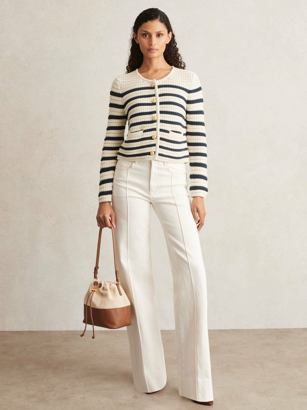 Reiss | Paige Ivory Textured Knit Stripe Cardigan in Ivory
