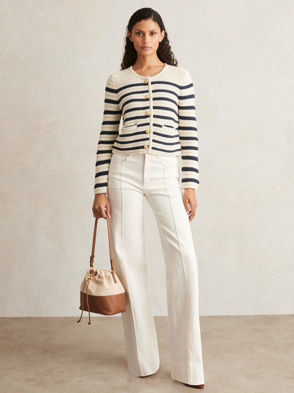 Reiss | Paige Ivory Textured Knit Stripe Cardigan in Ivory