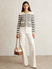 Reiss | Paige Ivory Textured Knit Stripe Cardigan in Ivory