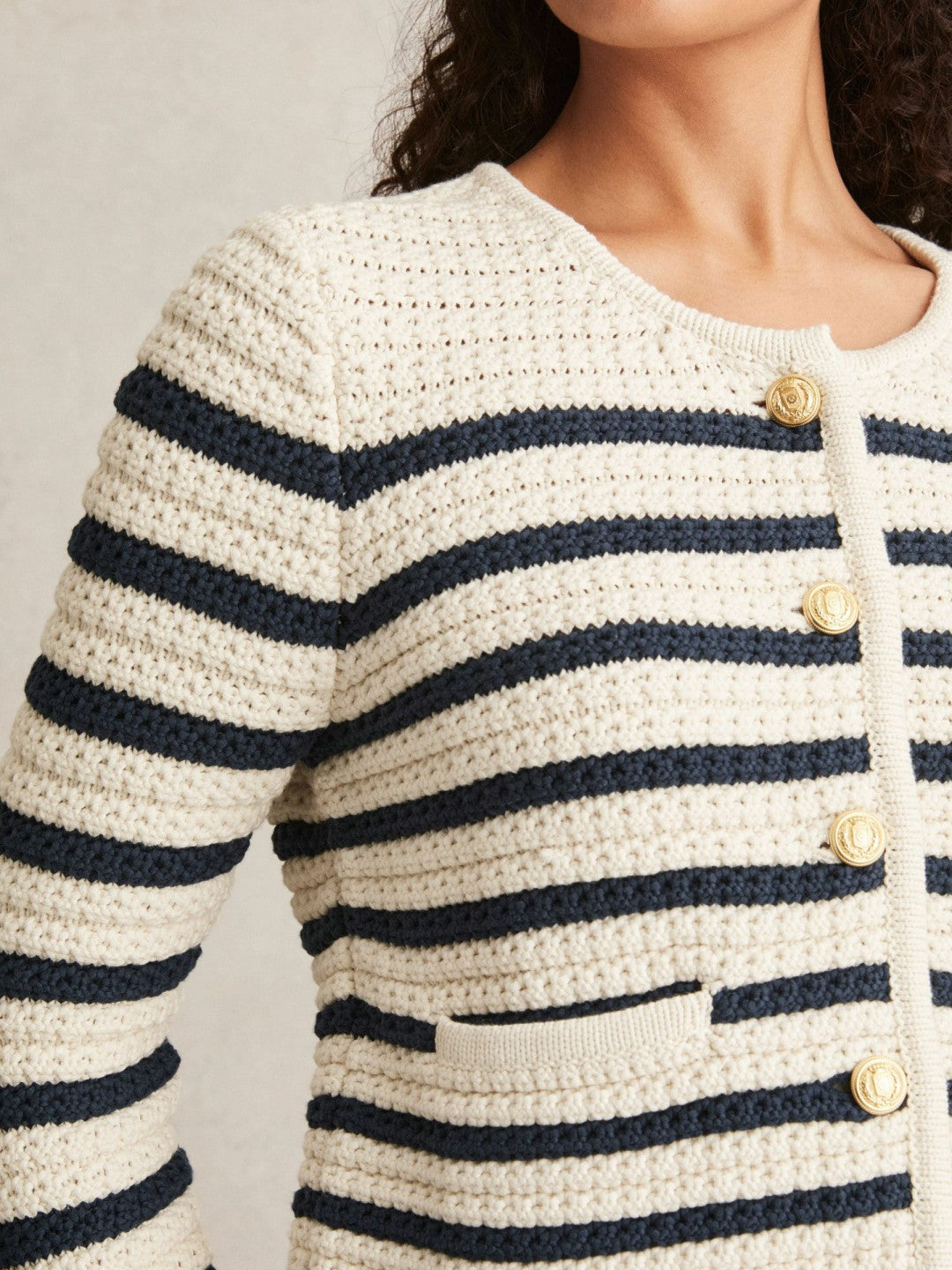Reiss | Paige Ivory Textured Knit Stripe Cardigan in Ivory
