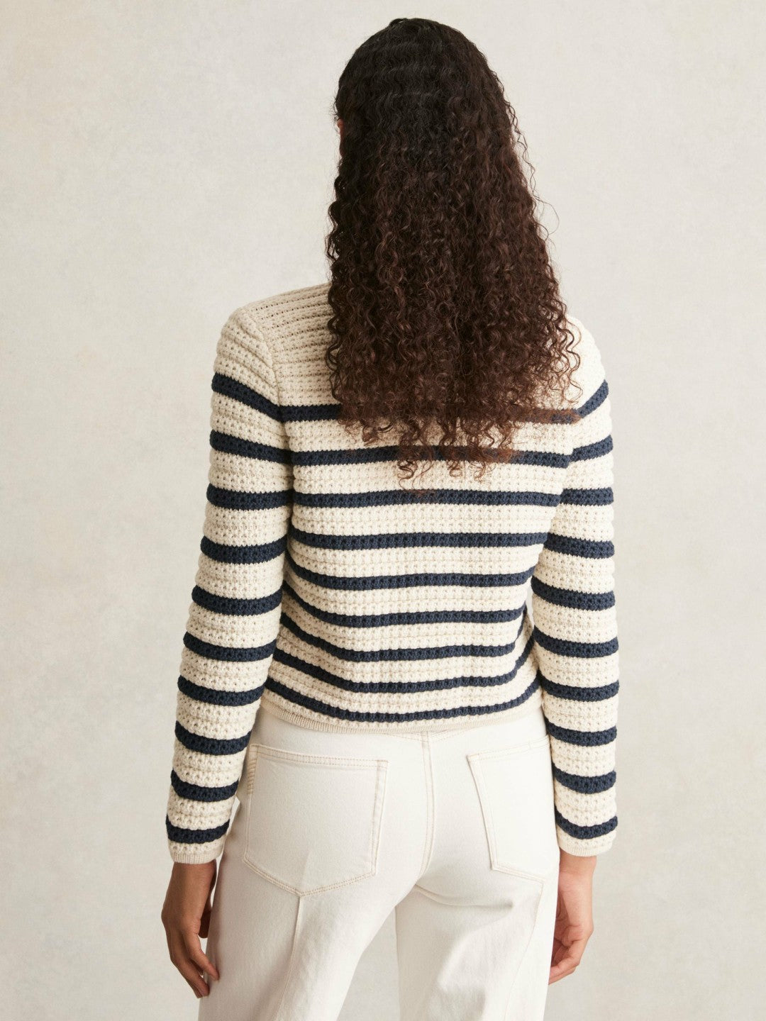 Reiss | Paige Ivory Textured Knit Stripe Cardigan in Ivory
