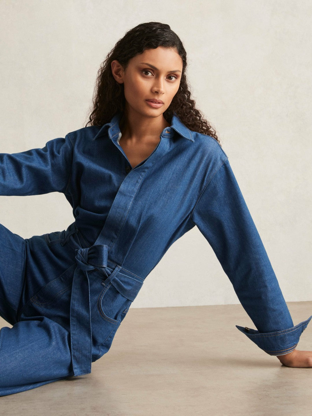 Reiss | Paige Maraya Blue Wide Leg Belted Denim Jumpsuit in Maraya Blue