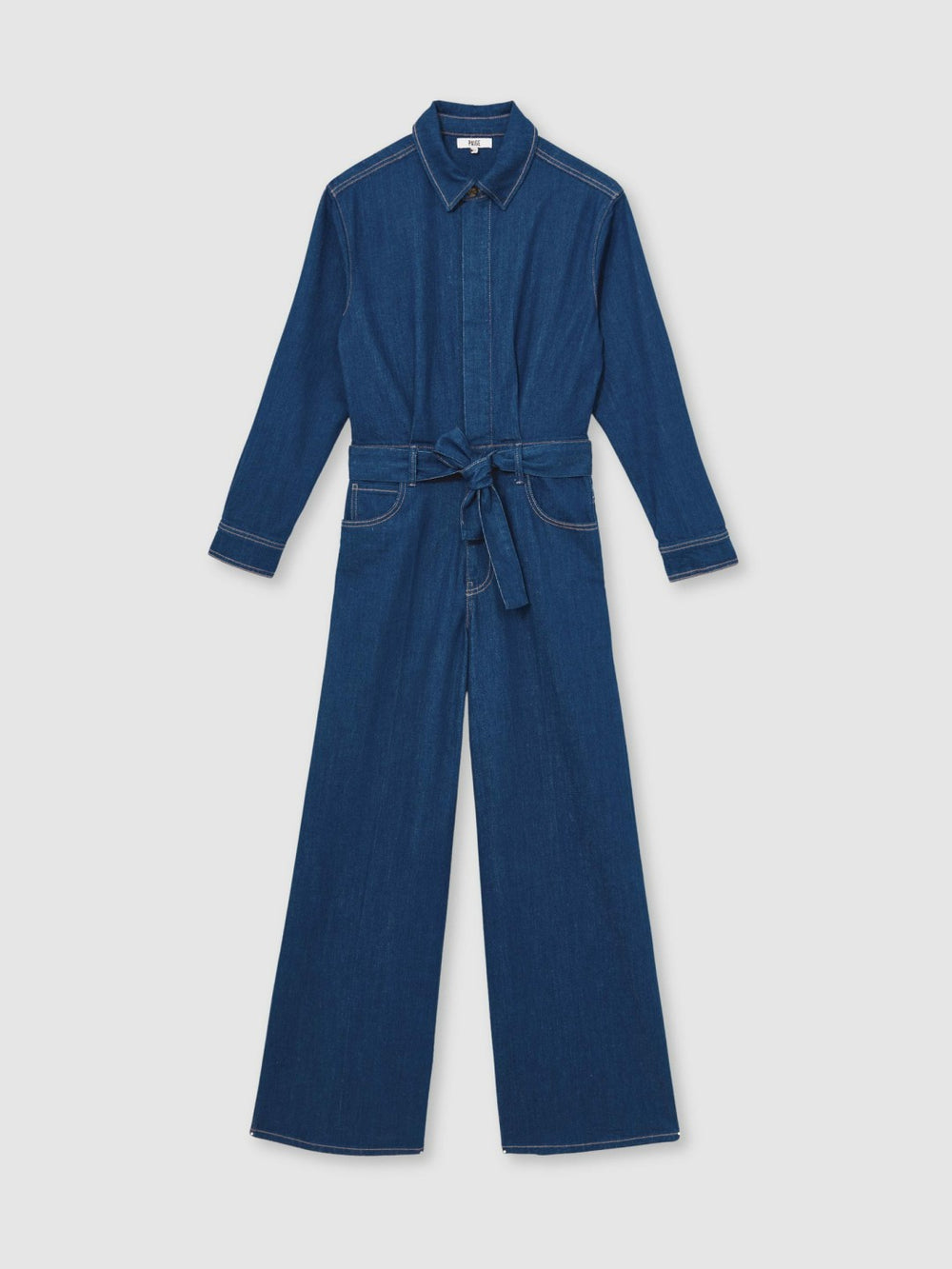 Reiss | Paige Maraya Blue Wide Leg Belted Denim Jumpsuit in Maraya Blue