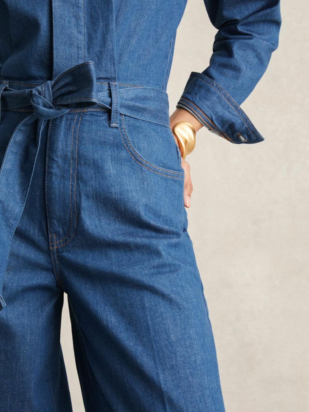 Reiss | Paige Maraya Blue Wide Leg Belted Denim Jumpsuit in Maraya Blue