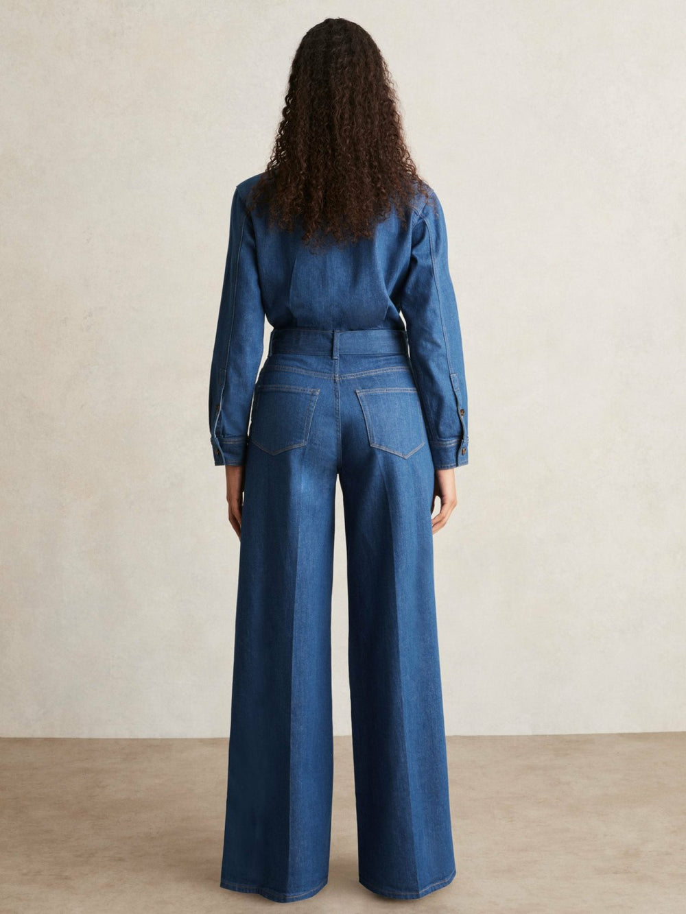 Reiss | Paige Maraya Blue Wide Leg Belted Denim Jumpsuit in Maraya Blue