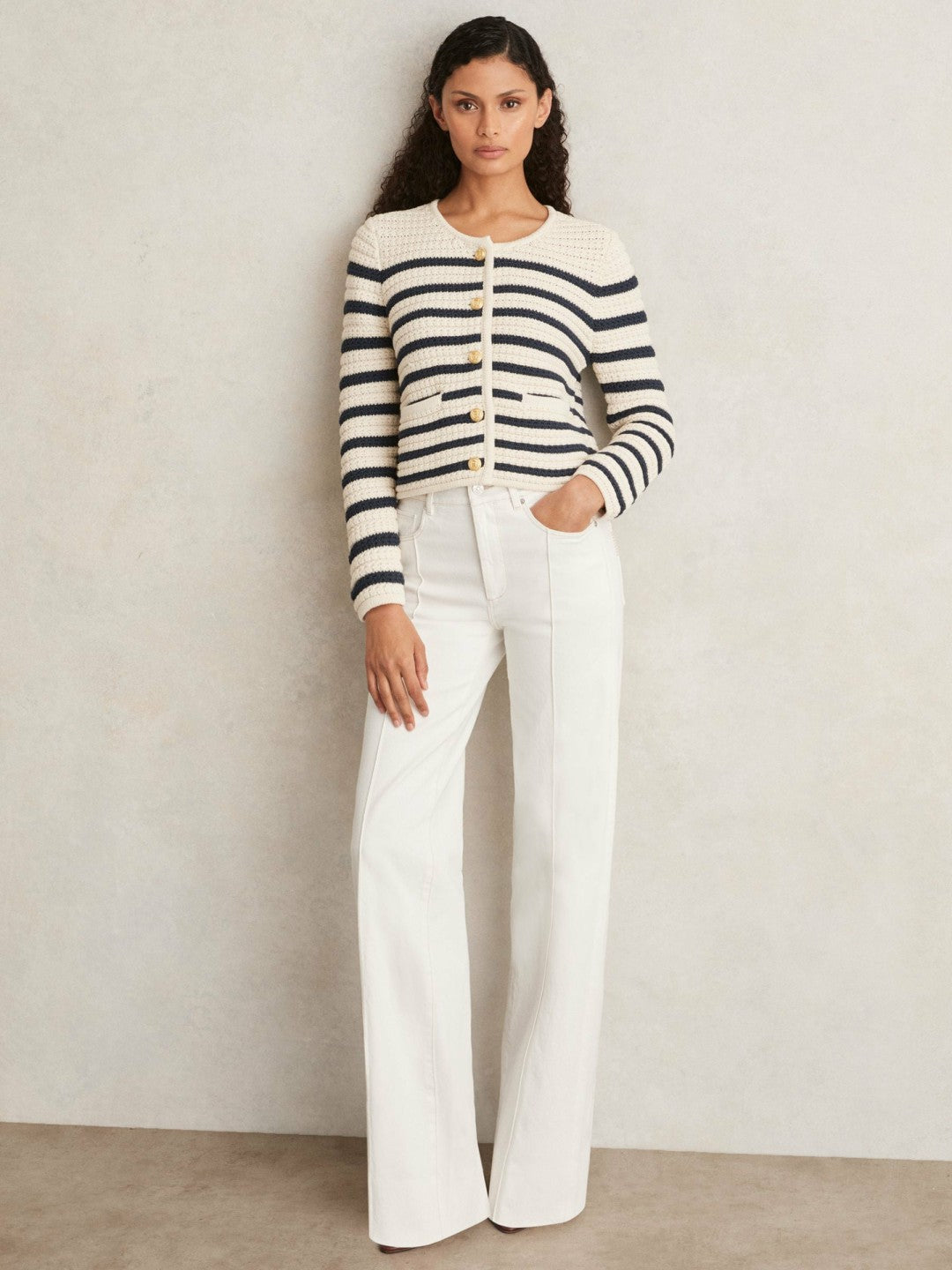 Reiss | Paige Ecru Wide Leg Pintuck Jeans in Ecru