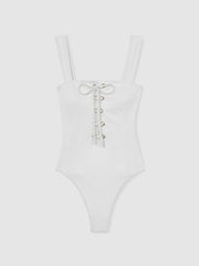 Reiss | Ribbed Lace-Up Swimsuit in White