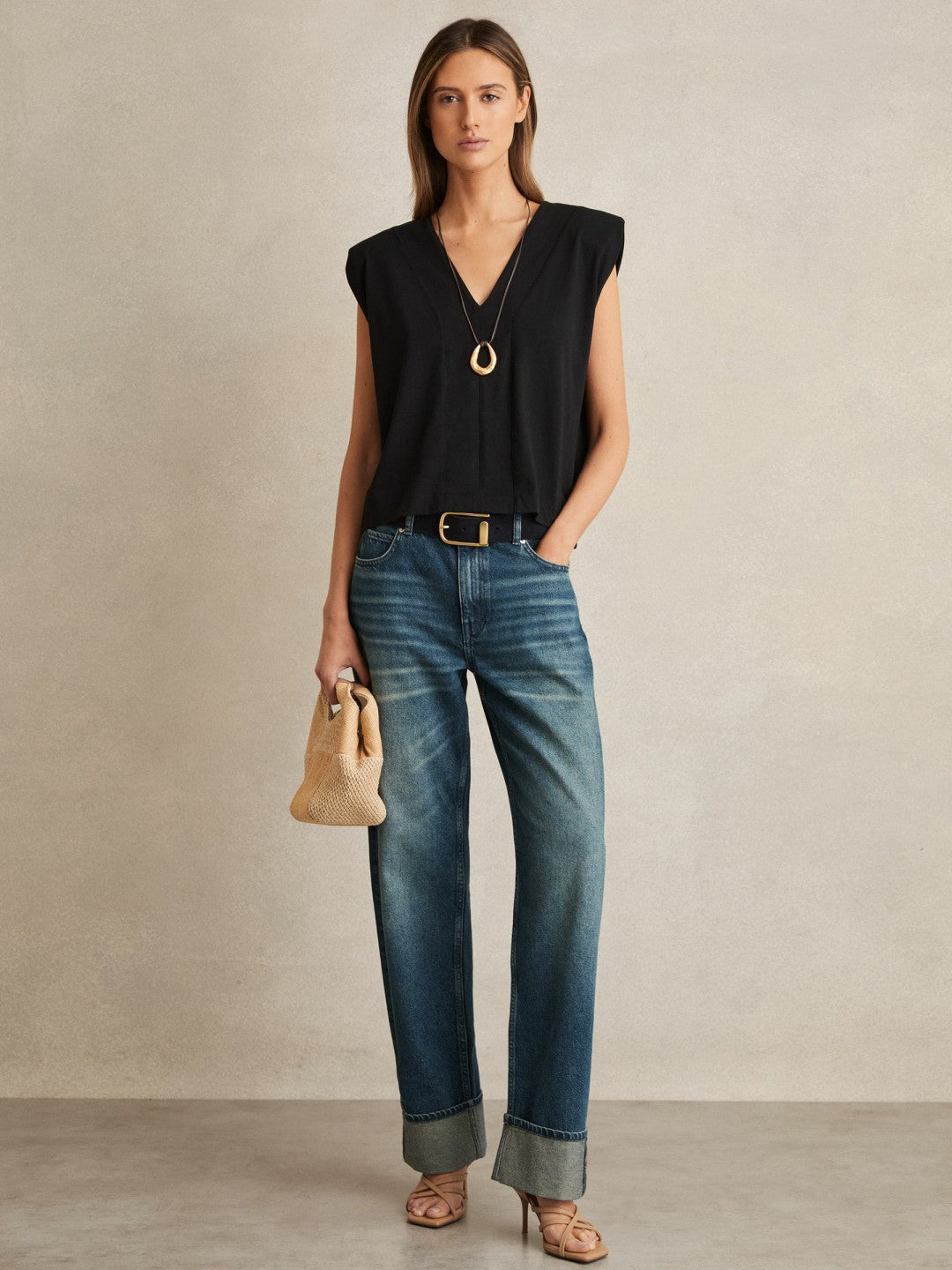Reiss | Cotton Shoulder-Pad V-Neck Top in Black