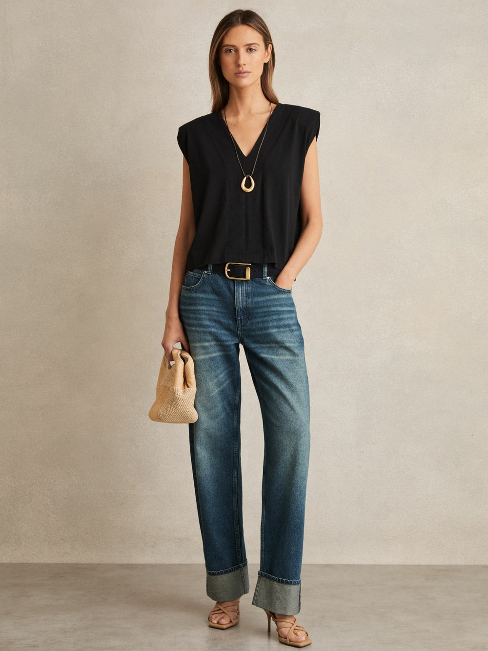 Reiss | Cotton Shoulder-Pad V-Neck Top in Black