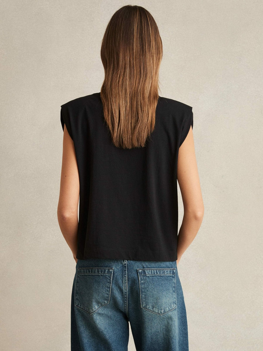 Reiss | Cotton Shoulder-Pad V-Neck Top in Black