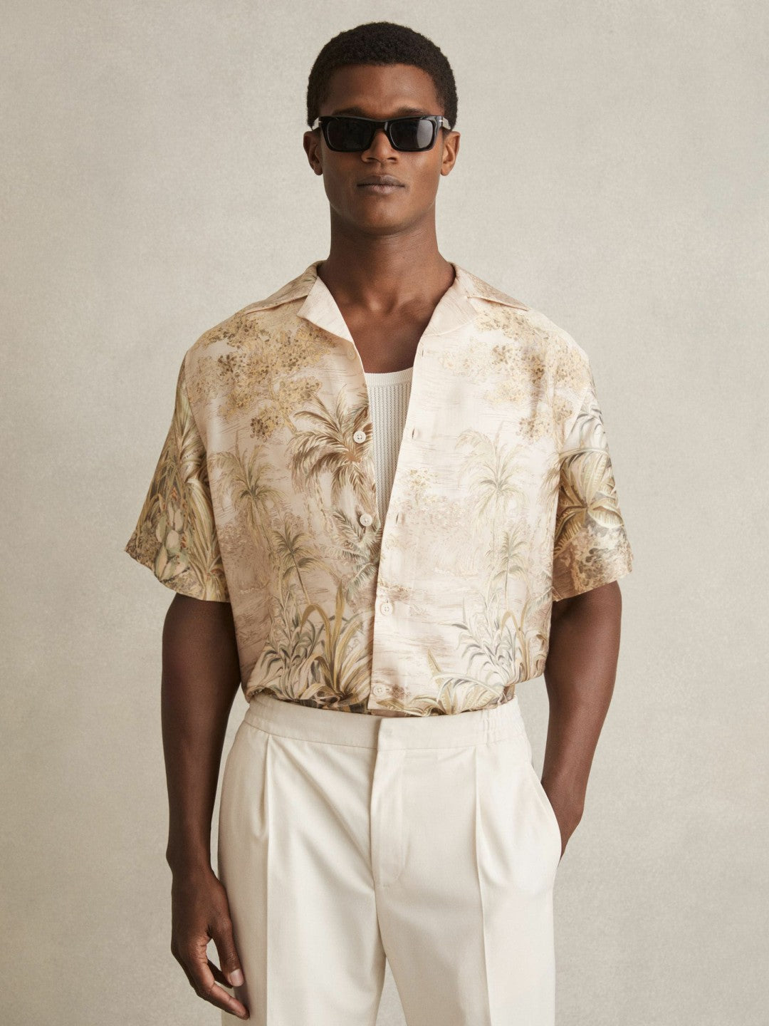 Reiss | Jungle Print Cuban-Collar Shirt in Soft Sage Green