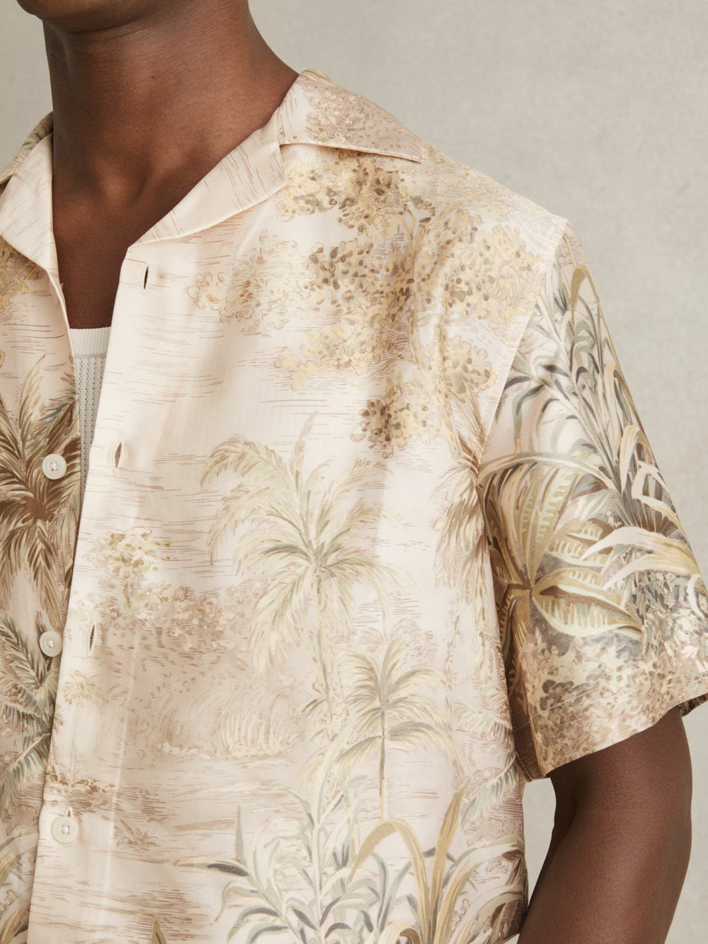 Reiss | Jungle Print Cuban-Collar Shirt in Soft Sage Green