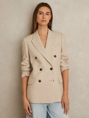 Reiss | Petite Double Breasted Check Blazer With Wool in Neutral Check