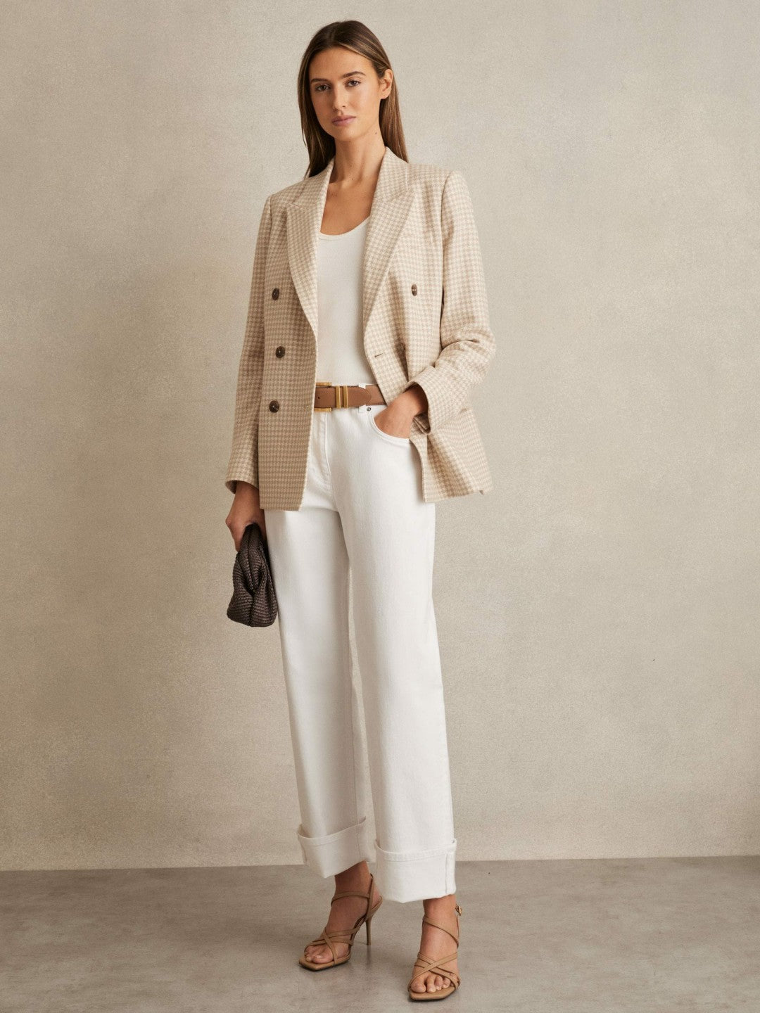 Reiss | Petite Double Breasted Check Blazer With Wool in Neutral Check