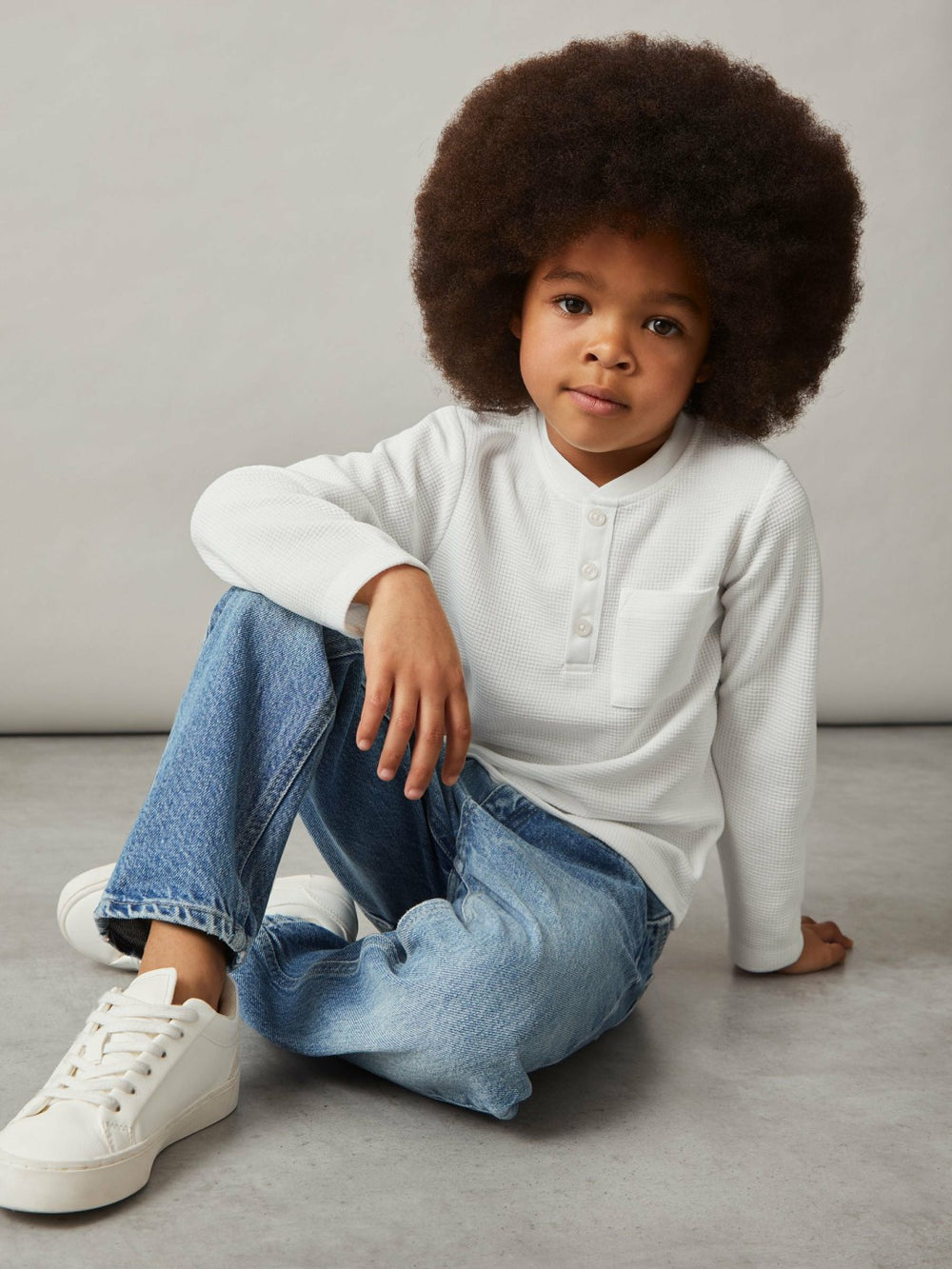 Reiss | 13-14 yrs Cotton-Blend Waffle Henley T-Shirt in White