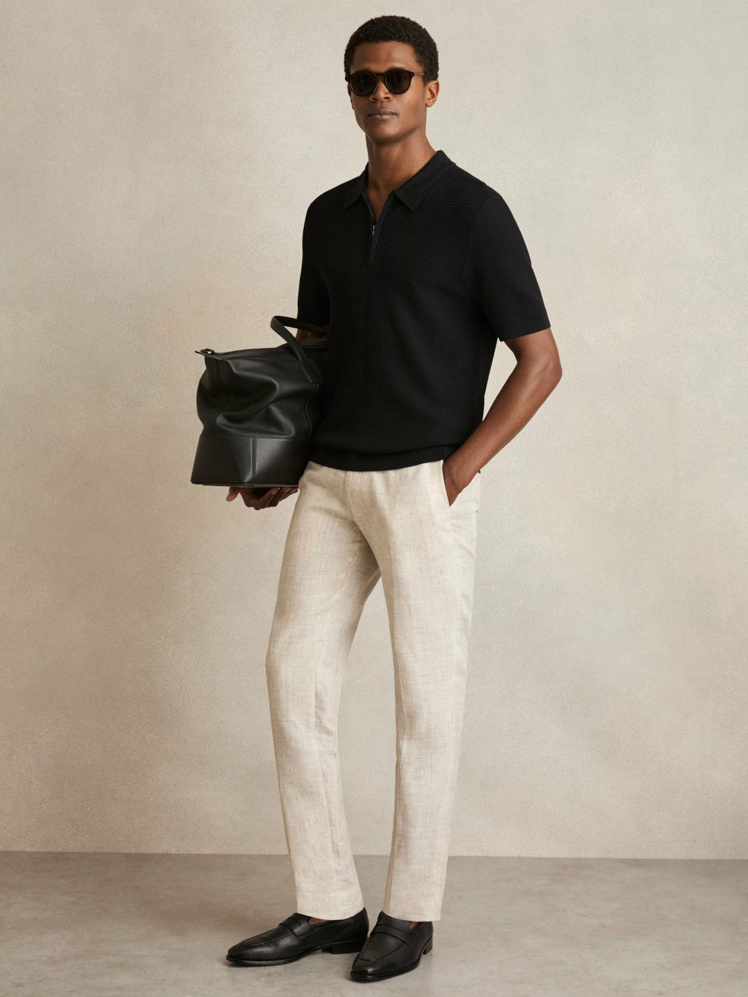 Reiss | Textured Half-Zip Polo Shirt in Black