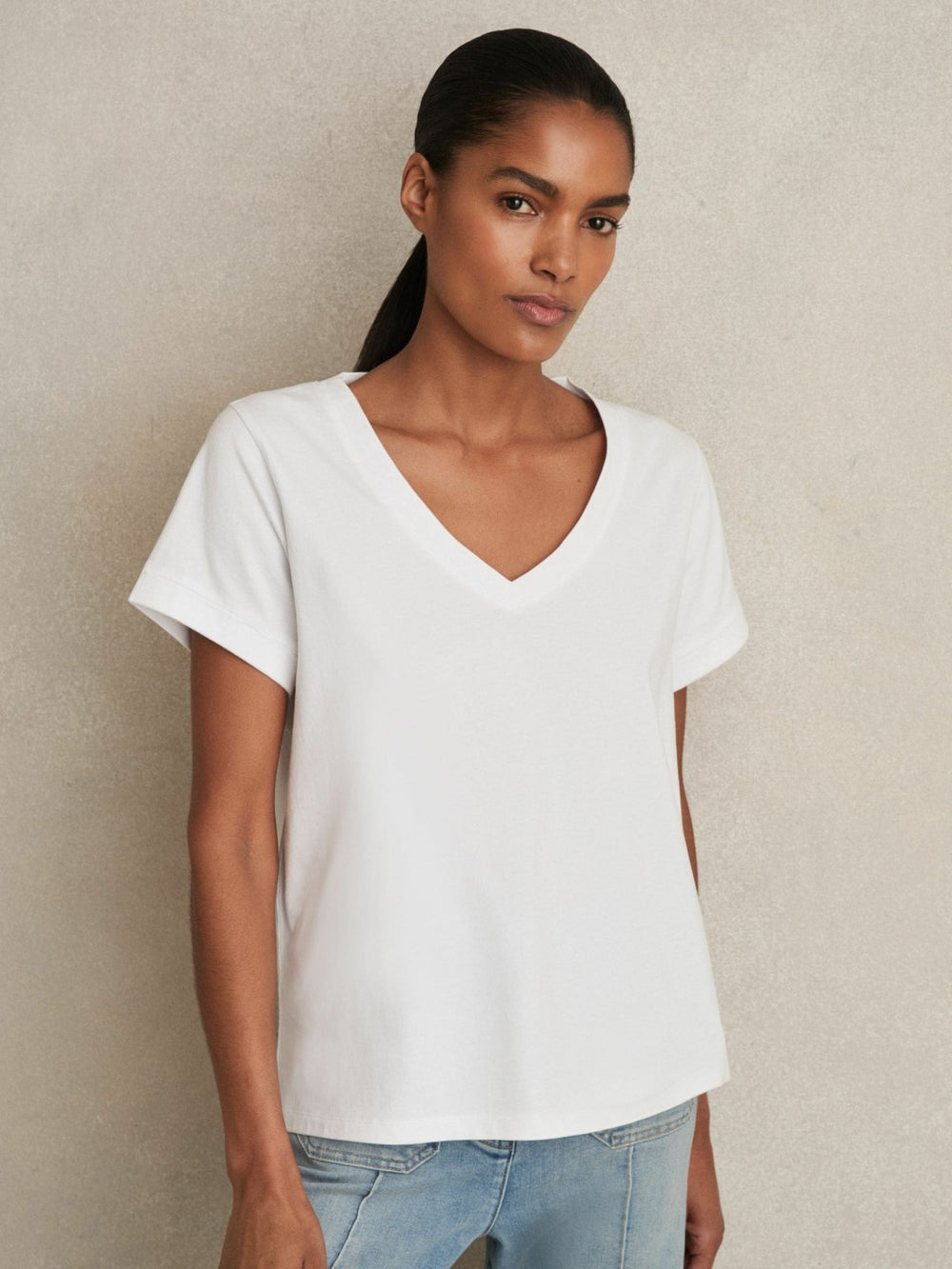 Reiss | Brushed-Cotton V-Neck T-Shirt in White