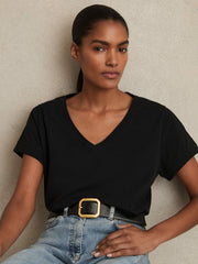 Reiss | Brushed-Cotton V-Neck T-Shirt in Black