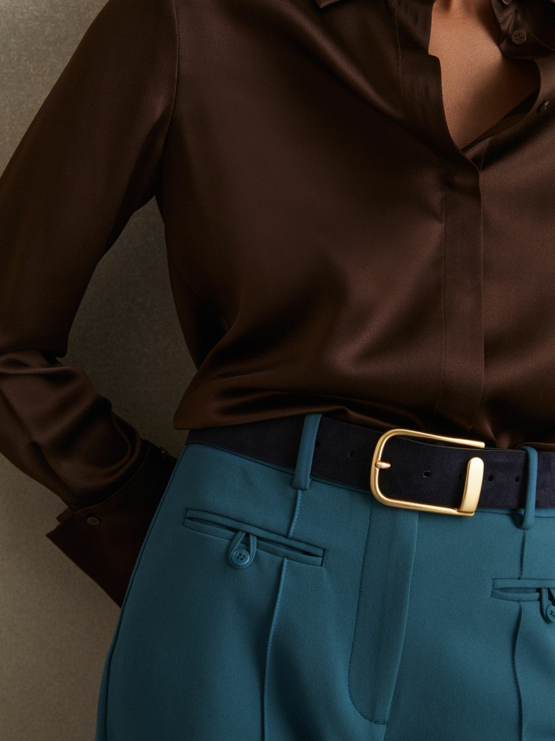 Reiss | Leather Half Keeper Belt in Navy