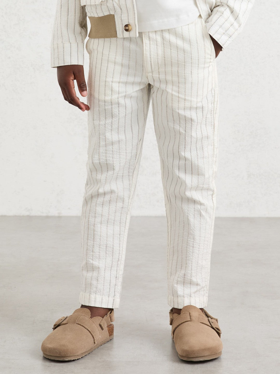 Reiss | 9-13 yrs Cotton Pinstripe Trousers Regular-Fit in Off White/Taupe Brown