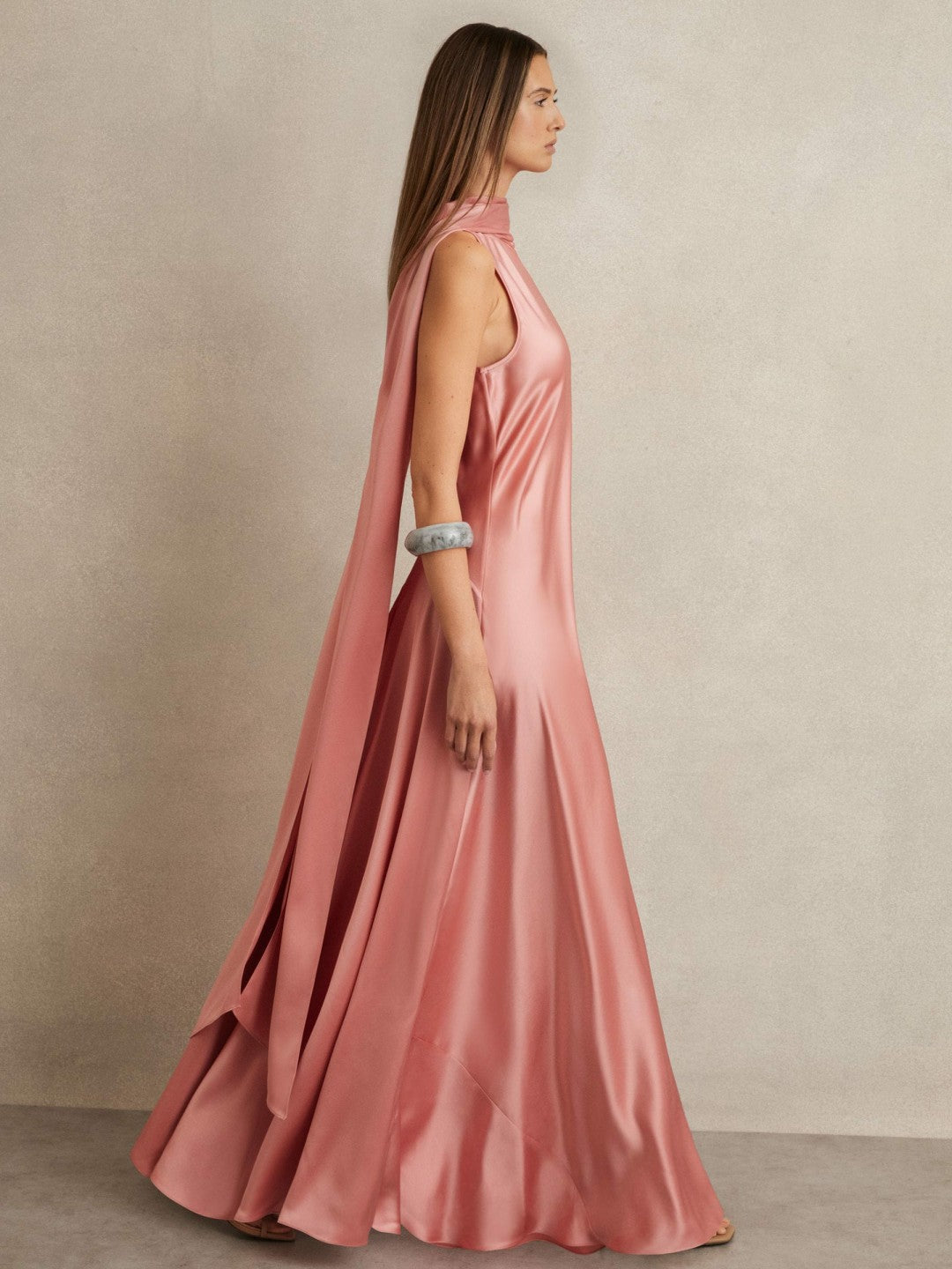 Reiss | Satin Cape Maxi Dress in Pink