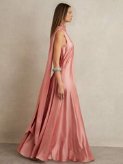 Reiss | Satin Cape Maxi Dress in Pink