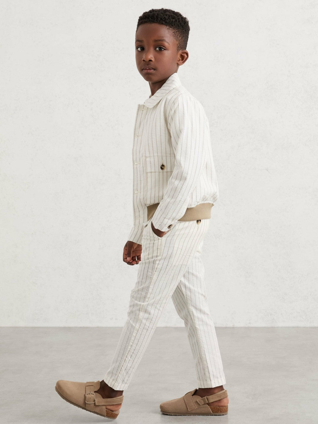 Reiss | 3-9 yrs Cotton Pinstripe Trousers Regular-Fit in Off White/Taupe Brown