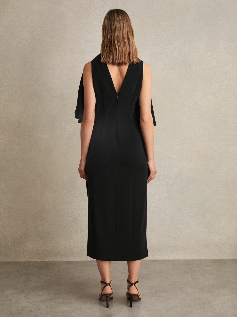 Reiss | Draped-Front High-Neck Midi Dress in Black
