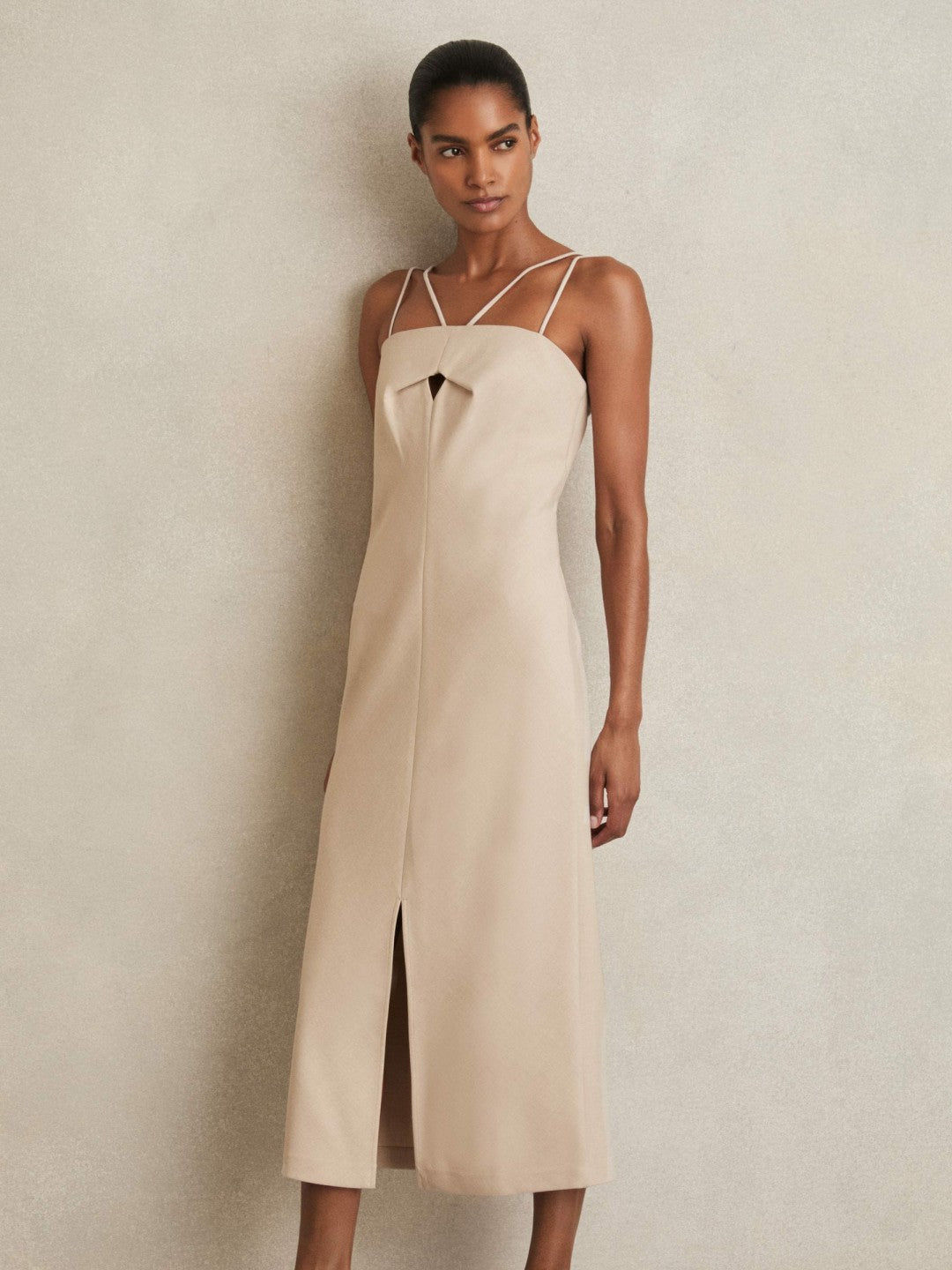 Reiss | Double Strap Cut Out Midi Dress in Stone Neutral