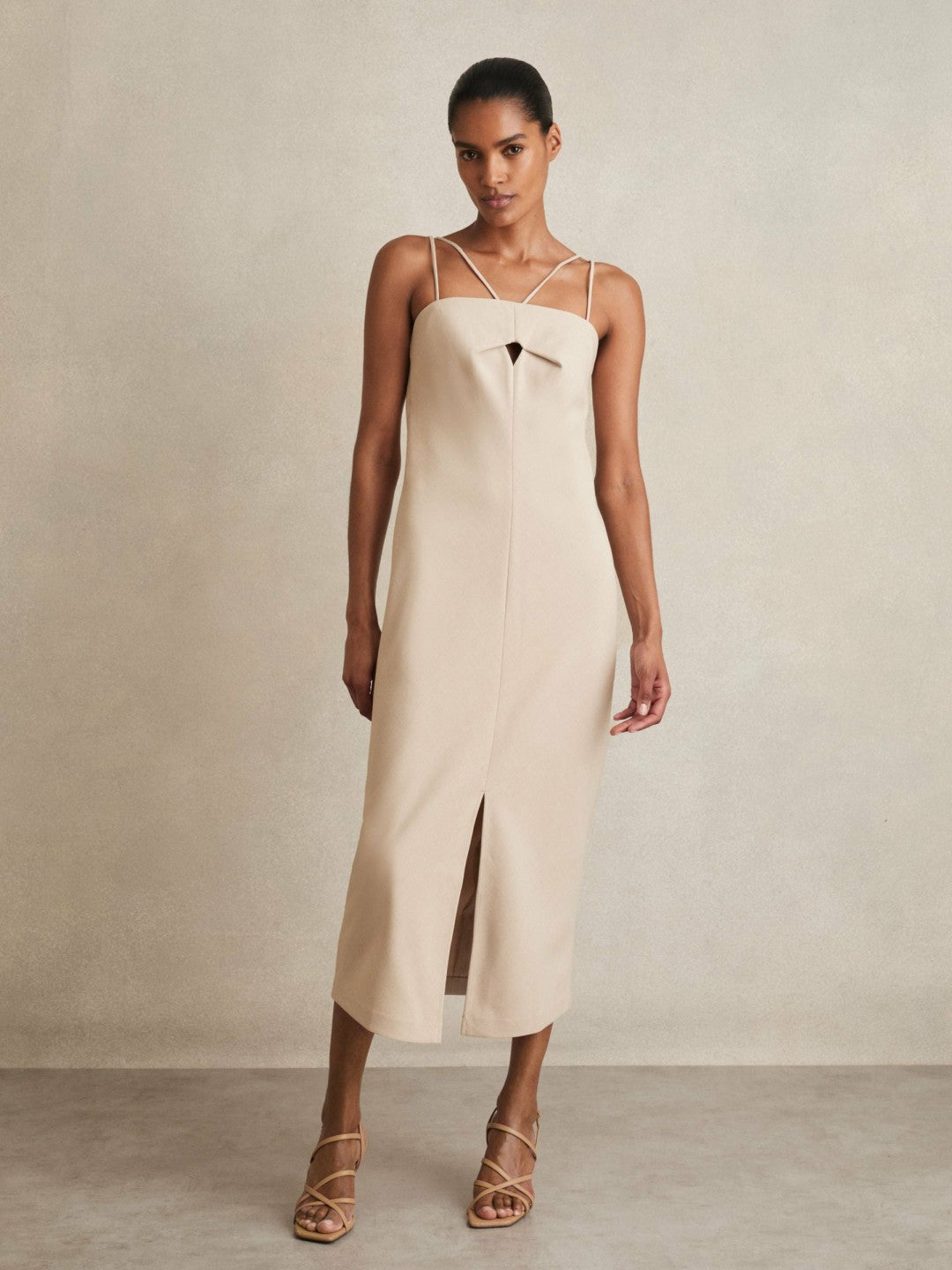 Reiss | Double Strap Cut Out Midi Dress in Stone Neutral