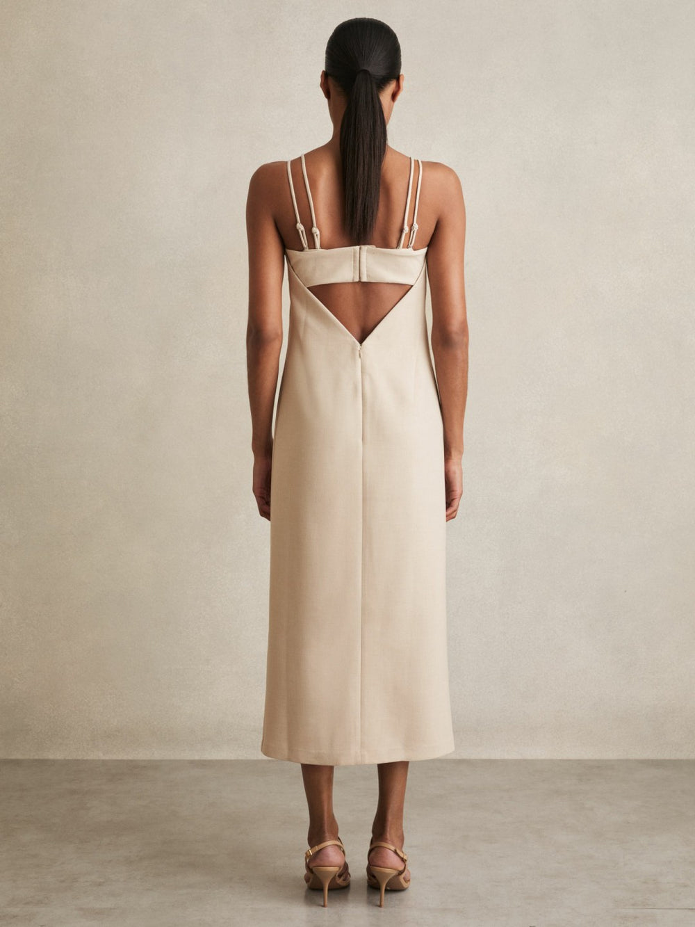 Reiss | Double Strap Cut Out Midi Dress in Stone Neutral
