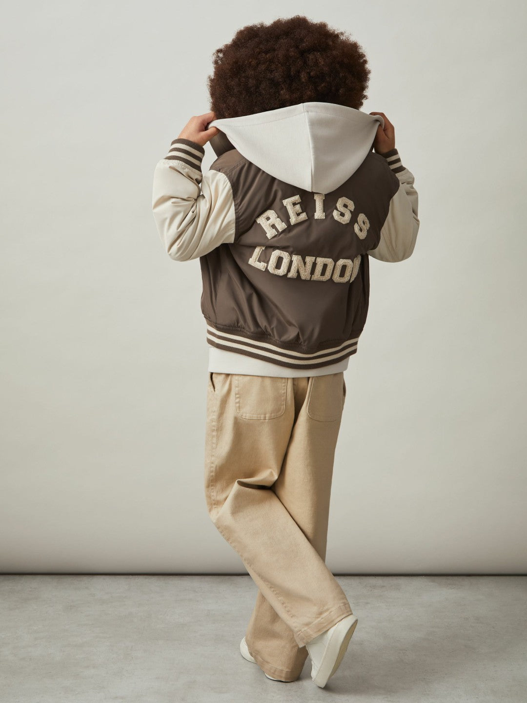 Reiss | 9-13 yrs Colour-Block Varsity Bomber Jacket in Mink Brown/Off White