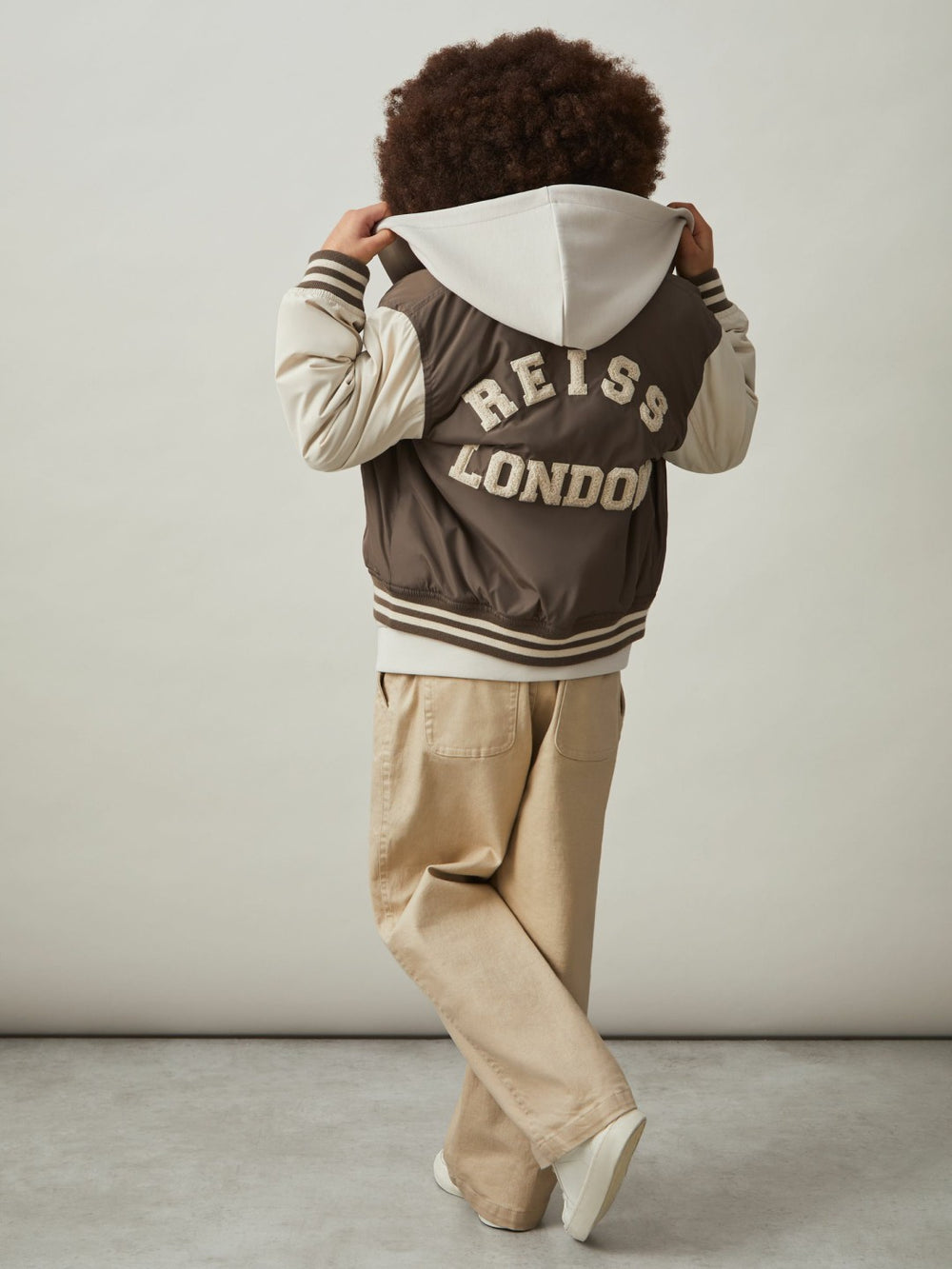Reiss | 9-13 yrs Colour-Block Varsity Bomber Jacket in Mink Brown/Off White