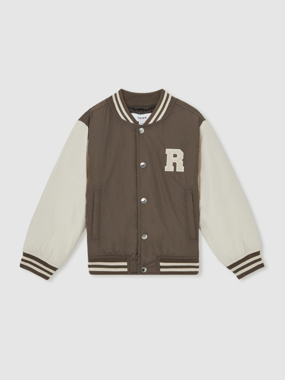 Reiss | 9-13 yrs Colour-Block Varsity Bomber Jacket in Mink Brown/Off White