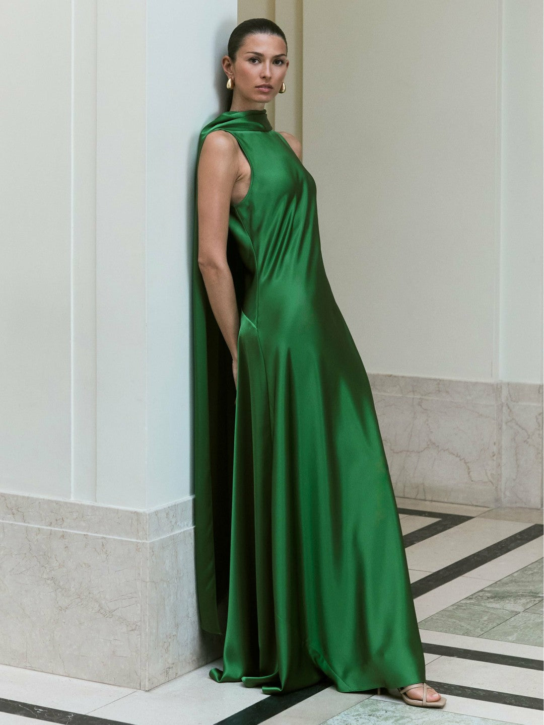 Reiss | Satin Cape Maxi Dress in Green