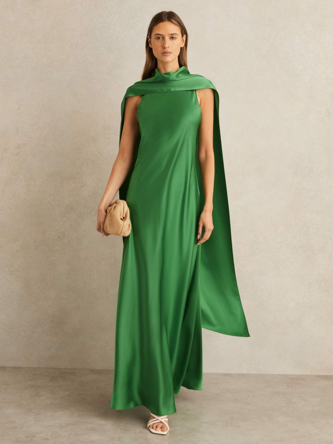 Reiss | Satin Cape Maxi Dress in Green