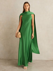 Reiss | Satin Cape Maxi Dress in Green