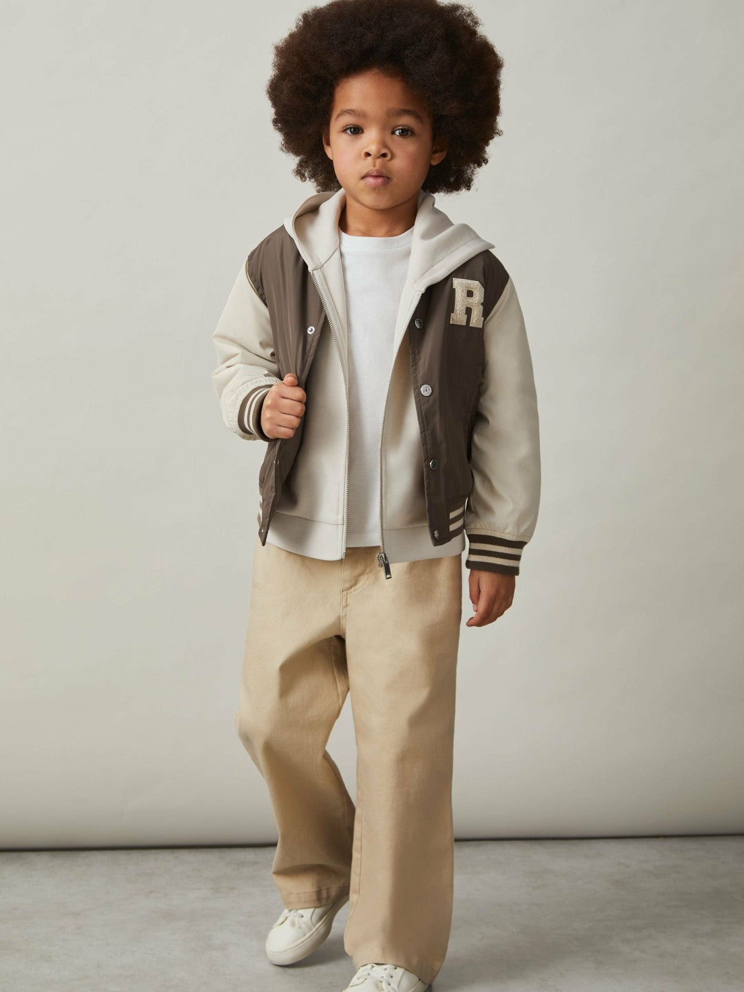 Reiss | 13-14 yrs Colour-Block Varsity Bomber Jacket in Mink Brown/Off White